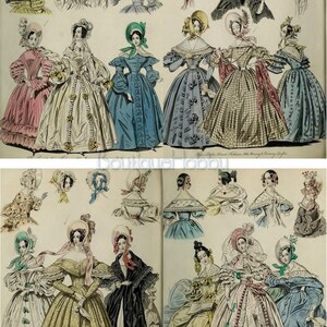K&ouml;nnte beinhalten: Eine Vintage-Modetafel mit Illustrationen von Frauen in verschiedenen Kleidern und H&uuml;ten. Die Kleider sind in verschiedenen Stilen gehalten, darunter volle R&ouml;cke, taillierte Oberteile und Puff&auml;rmel. Die H&uuml;te sind ebenfalls vielf&auml;ltig, einige mit Federn, B&auml;ndern und Blumen verziert.