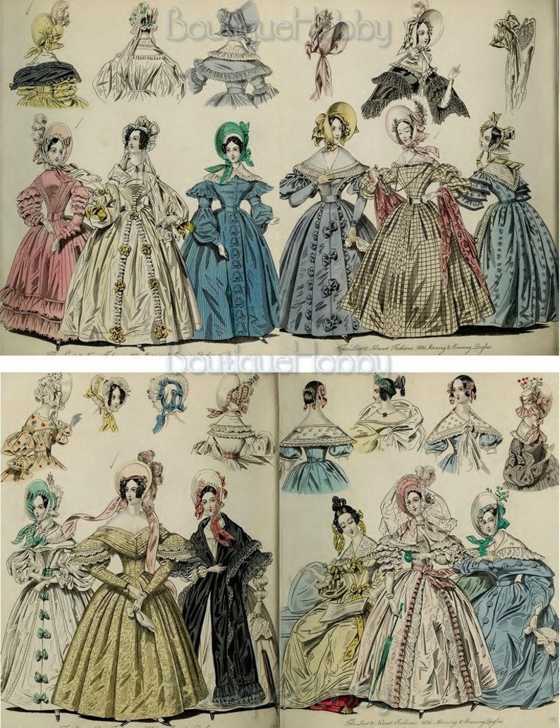 K&ouml;nnte beinhalten: Eine Vintage-Modetafel mit Illustrationen von Frauen in verschiedenen Kleidern und H&uuml;ten. Die Kleider sind in verschiedenen Stilen gehalten, darunter volle R&ouml;cke, taillierte Oberteile und Puff&auml;rmel. Die H&uuml;te sind ebenfalls vielf&auml;ltig, einige mit Federn, B&auml;ndern und Blumen verziert.