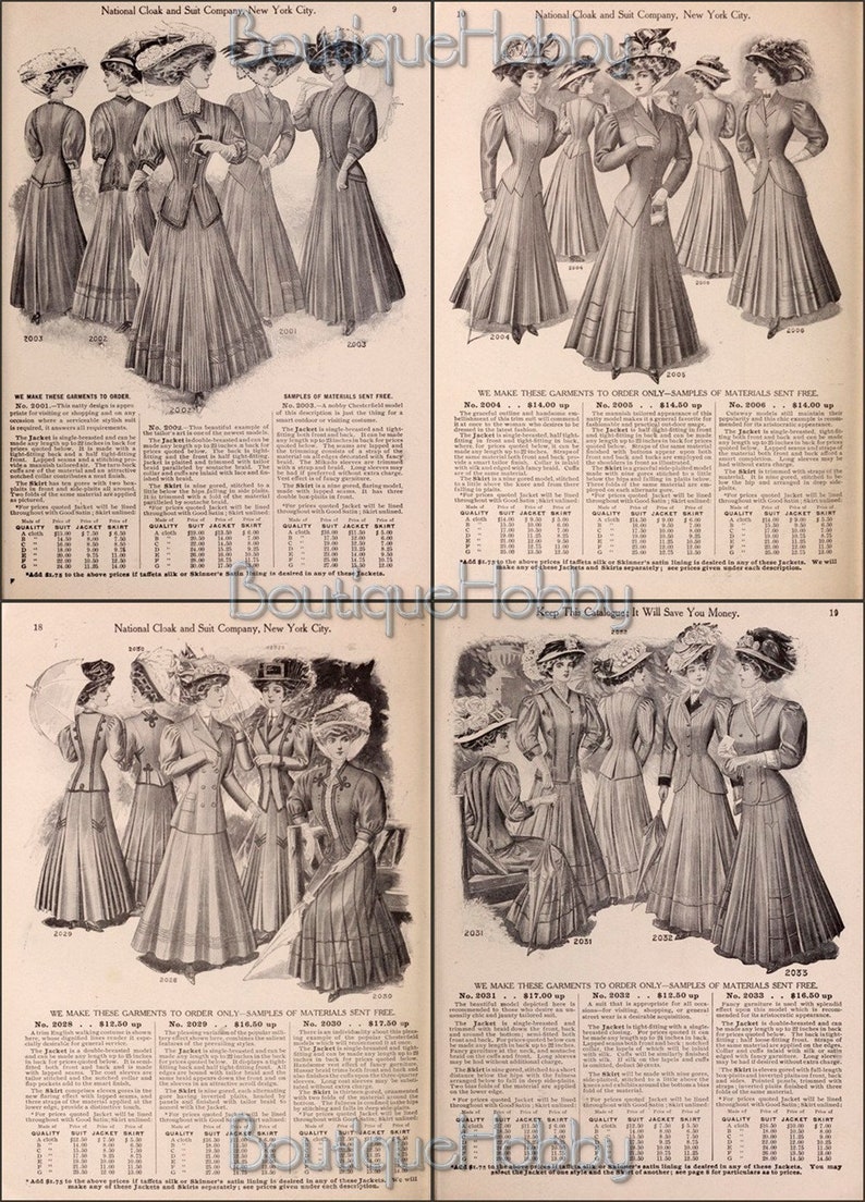 May include: A vintage catalog page featuring women's clothing from the National Cloak and Suit Company. The page showcases various styles of jackets and skirts, with detailed descriptions and pricing information. The text includes the phrase "We make these garments to order only - Samples of materials sent free."