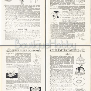 Op de afbeelding: Een vintage gids voor het maken van kostuums en hoeden van cr&ecirc;pepapier. De gids bevat instructies en illustraties voor het maken van pruiken, herdersstafen, gegolfde randen, gedraaide bloemblaadjes, rozenblaadjes, dopvormige bloemblaadjes, franjes, gekreukt cr&ecirc;pe, pompons en gekruld cr&ecirc;pe. De gids bevat ook instructies voor het maken van hoeden, waaronder strakke mutsen, bloemenhoeden, brede hoeden en tuin hoeden.