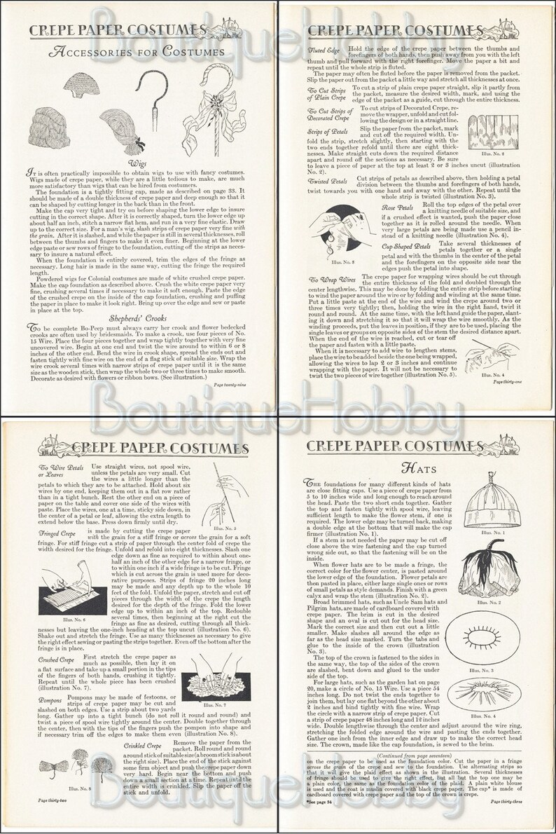 Op de afbeelding: Een vintage gids voor het maken van kostuums en hoeden van cr&ecirc;pepapier. De gids bevat instructies en illustraties voor het maken van pruiken, herdersstafen, gegolfde randen, gedraaide bloemblaadjes, rozenblaadjes, dopvormige bloemblaadjes, franjes, gekreukt cr&ecirc;pe, pompons en gekruld cr&ecirc;pe. De gids bevat ook instructies voor het maken van hoeden, waaronder strakke mutsen, bloemenhoeden, brede hoeden en tuin hoeden.