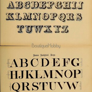 May include: Two alphabet charts with different font styles. The top chart is labelled "Pearl Letter" and features a decorative, ornate font. The bottom chart is labelled "Roman Analytical, Large" and features a more traditional, blocky font.