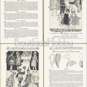 Op de afbeelding: Een vintage gids voor het maken van cr&ecirc;pepapierkostuums voor kinderen. De gids bevat illustraties van kinderen die verkleed zijn als verschillende personages, waaronder een vlinder, een bij, een konijn, een fee en een koningin van harten. De gids bevat instructies voor het maken van vleugels, hoeden en andere accessoires.