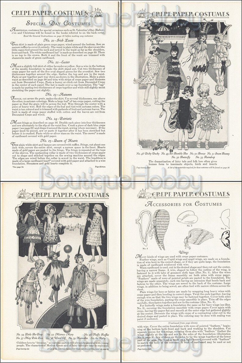 Op de afbeelding: Een vintage gids voor het maken van cr&ecirc;pepapierkostuums voor kinderen. De gids bevat illustraties van kinderen die verkleed zijn als verschillende personages, waaronder een vlinder, een bij, een konijn, een fee en een koningin van harten. De gids bevat instructies voor het maken van vleugels, hoeden en andere accessoires.