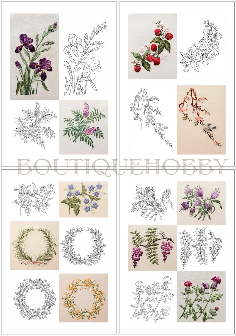 May include: A collection of embroidery patterns featuring various botanical designs including irises, strawberries, floral wreaths, and thistles. Each design is presented as both a full-colour embroidered version and a black and white line drawing.
