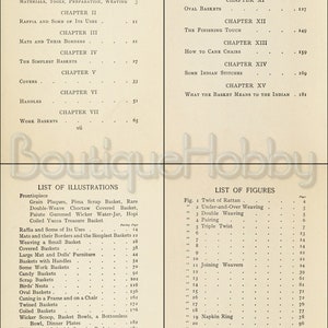 May include: A black and white image of a book's table of contents and list of illustrations and figures. The book is about basket weaving and includes chapters on materials, tools, preparation, weaving, raphia, mats, borders, the simplest baskets, covers, handles, work baskets, candy baskets, scrap baskets, birds' nests, oval baskets, the finishing touch, how to cane chairs, some Indian stitches, and what the basket means to the Indian. The list of illustrations includes a frontispiece with a variety of baskets, including a grain plaque, a Pima scrap basket, a rare double-weave Choctaw covered basket, a Paiute gummed wicker water-jar, a Hopi coiled Yucca treasure basket, and more. The list of figures includes illustrations of different weaving techniques, such as twist of rattan, under-and-over weaving, double weaving, pairing, triple twist, joining weavers, and napkin ring.