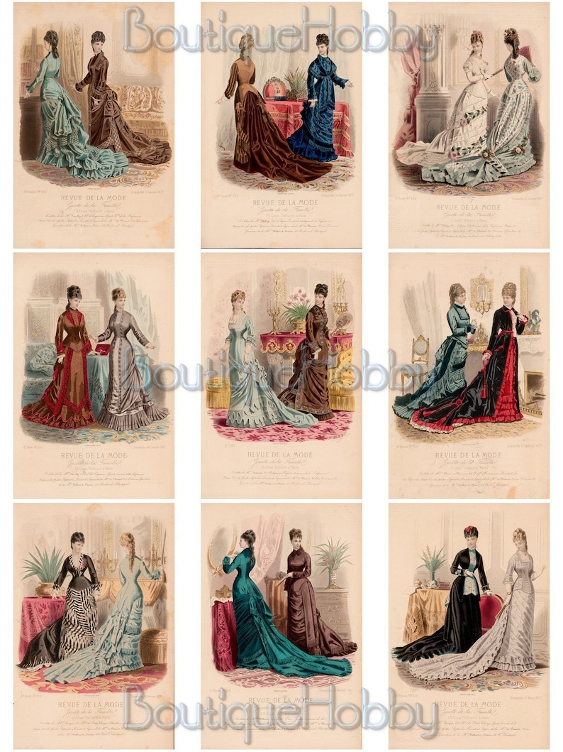Puede incluir: Una ilustraci&oacute;n de moda vintage de la revista francesa "Revue de la Mode", que presenta a nueve mujeres diferentes con vestidos y sombreros elaborados. Las ilustraciones est&aacute;n realizadas en un estilo detallado y realista y muestran las &uacute;ltimas tendencias de la moda de finales del siglo XIX.