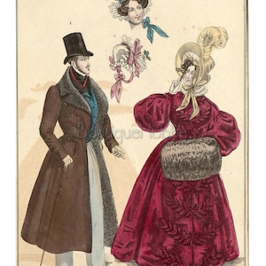 K&ouml;nnte beinhalten: Eine Illustration eines Paares in der Mode des 19. Jahrhunderts. Die Frau tr&auml;gt ein rotes Kleid mit Pelzbesatz und einen gro&szlig;en Hut mit Feder. Der Mann tr&auml;gt einen braunen Mantel mit Pelzkragen und einen Zylinder. Das Bild stammt aus einer Modezeitschrift und enth&auml;lt den Text "Costumes Parisiens."