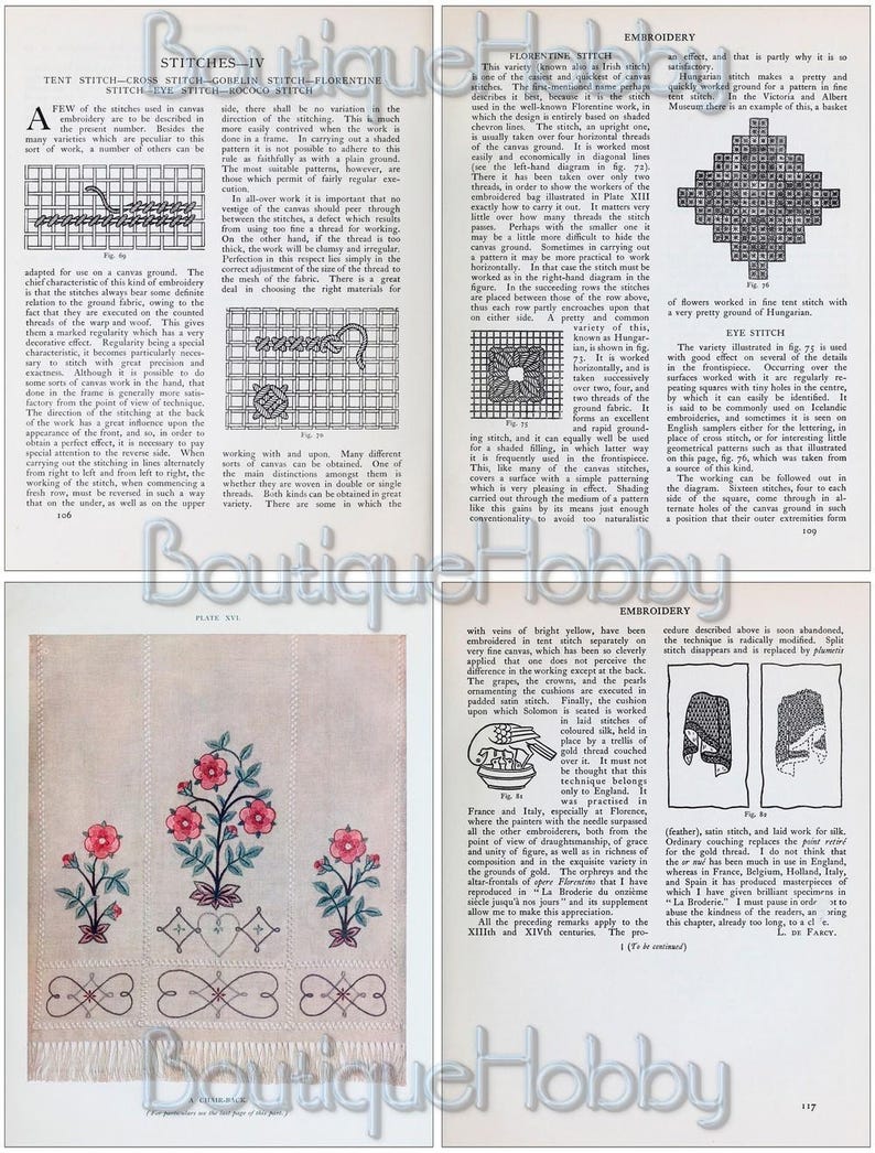 K&ouml;nnte beinhalten: Eine Seite aus einem Buch &uuml;ber Stickereistich, mit Illustrationen verschiedener Stiche und deren Namen. Die Seite enth&auml;lt auch eine detaillierte Beschreibung des Florentiner Stiches, einer beliebten Sticktechnik.