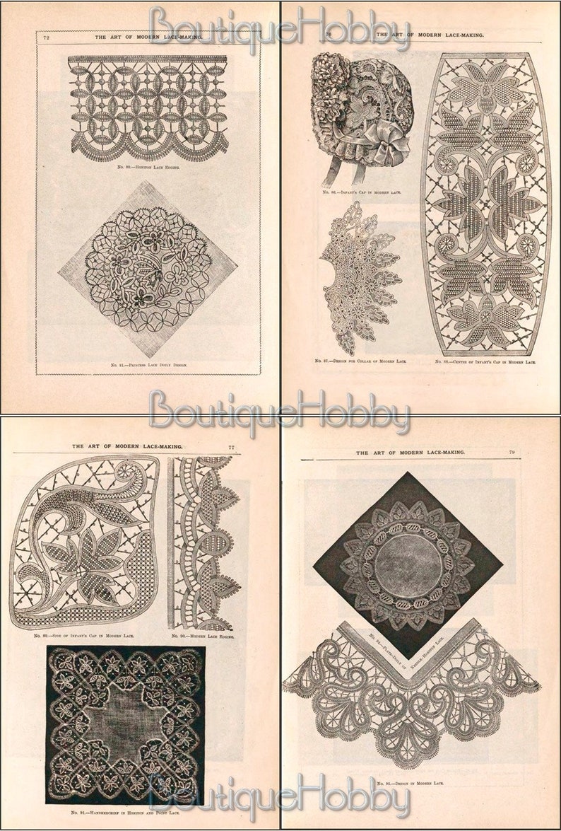 Puede incluir: Una p&aacute;gina de libro vintage con ilustraciones de patrones de encaje. La p&aacute;gina se titula "The Art of Modern Lace-Making" y presenta varios dise&ntilde;os para cuellos, gorros y manteles individuales.