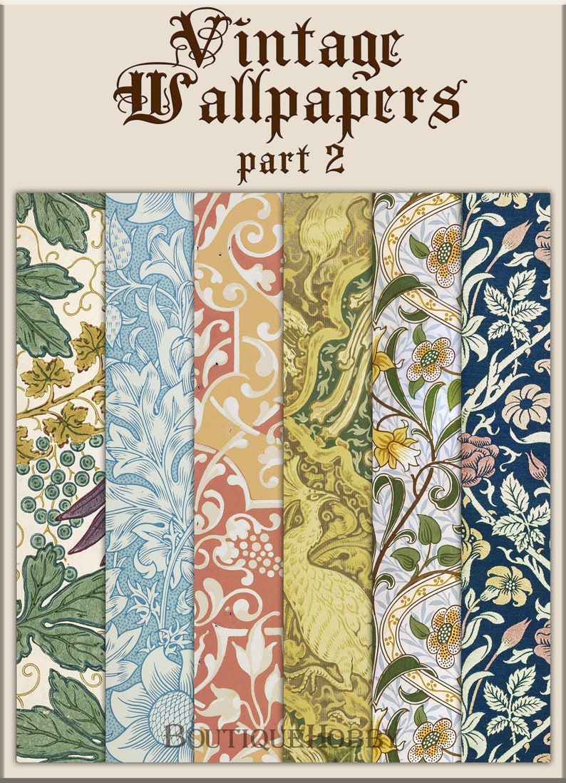 Peut inclure: Six motifs de papier peint vintage avec des motifs floraux et g&eacute;om&eacute;triques. Les motifs sont dans des tons de vert, bleu, jaune, rouge et blanc. Le titre "Vintage Wallpapers part 2" est en haut de l'image.