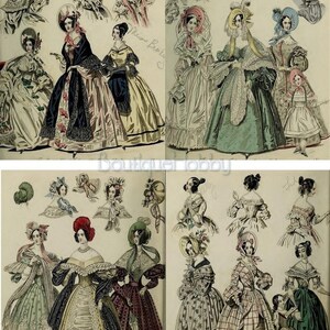 K&ouml;nnte beinhalten: Eine Vintage-Modeillustration, die Frauen in verschiedenen Kleidern und H&uuml;ten zeigt. Die Illustration ist in zwei Abschnitte unterteilt, die jeweils unterschiedliche Stile pr&auml;sentieren. Der obere Abschnitt zeigt Frauen in aufwendigen Kleidern mit gro&szlig;en H&uuml;ten, w&auml;hrend der untere Abschnitt Frauen in legereren Kleidern mit kleineren H&uuml;ten zeigt. Die Illustration ist farbig gedruckt und enth&auml;lt Details wie Spitze, R&uuml;schen und Schleifen.