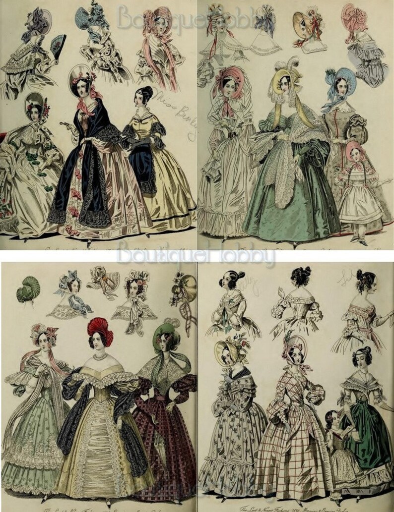 K&ouml;nnte beinhalten: Eine Vintage-Modeillustration, die Frauen in verschiedenen Kleidern und H&uuml;ten zeigt. Die Illustration ist in zwei Abschnitte unterteilt, die jeweils unterschiedliche Stile pr&auml;sentieren. Der obere Abschnitt zeigt Frauen in aufwendigen Kleidern mit gro&szlig;en H&uuml;ten, w&auml;hrend der untere Abschnitt Frauen in legereren Kleidern mit kleineren H&uuml;ten zeigt. Die Illustration ist farbig gedruckt und enth&auml;lt Details wie Spitze, R&uuml;schen und Schleifen.