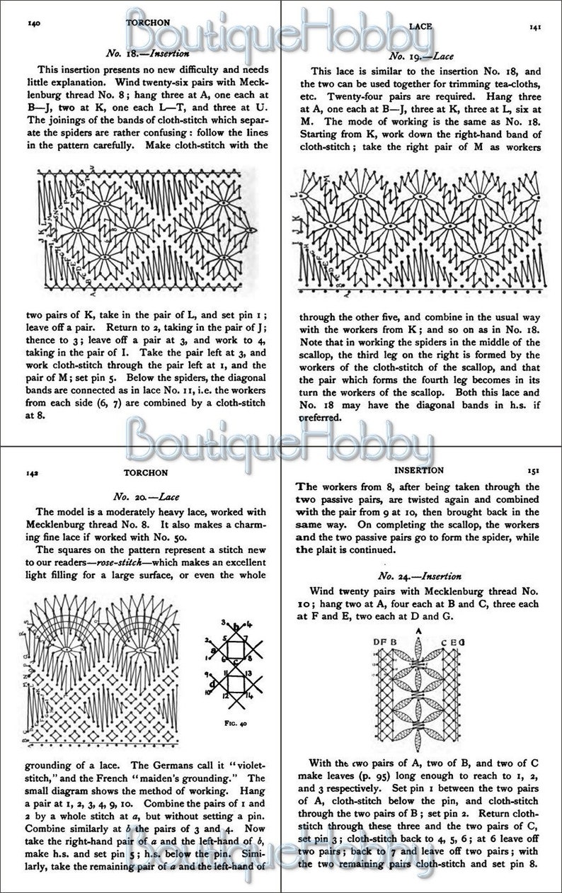 Puede incluir: Una ilustraci&oacute;n en blanco y negro de un patr&oacute;n de encaje con instrucciones para crear el patr&oacute;n. Las instrucciones incluyen el n&uacute;mero de hilos a utilizar y c&oacute;mo coser el patr&oacute;n. El texto incluye las palabras "Encaje Torchon" e "Inserci&oacute;n".