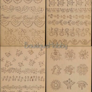 May include: A vintage embroidery pattern book with black and white illustrations of floral designs. The book features a variety of patterns, including borders, wreaths, and individual flowers.