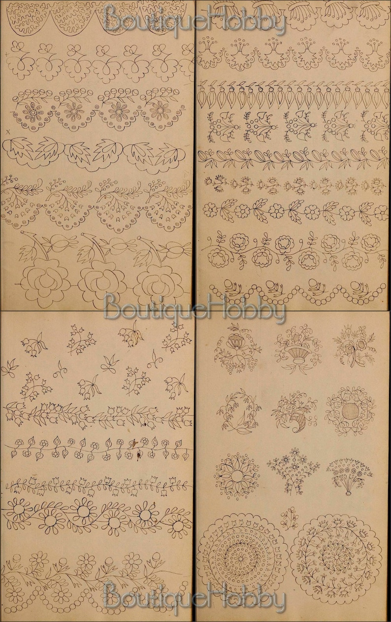 May include: A vintage embroidery pattern book with black and white illustrations of floral designs. The book features a variety of patterns, including borders, wreaths, and individual flowers.
