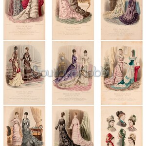 Puede incluir: Nueve ilustraciones de una revista de moda vintage, "Revue de la Mode", que presentan a mujeres con vestidos y sombreros elaborados. Las ilustraciones est&aacute;n realizadas en un estilo detallado y dibujado a mano y muestran las &uacute;ltimas tendencias de la moda de la &eacute;poca.