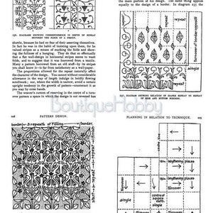 K&ouml;nnte beinhalten: Schwarz-wei&szlig;-Illustration eines Designmusters, das zeigt, wie man ein Tischdamastmuster plant. Die Illustration zeigt ein Raster mit Pfeilen, die die Richtung des Musters angeben. Der Text im Bild lautet "Planning in Relation to Technique."