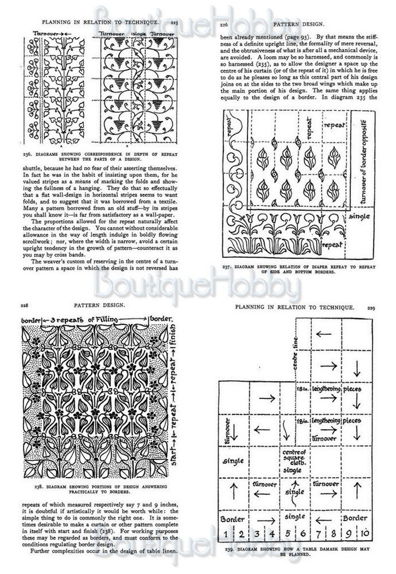 K&ouml;nnte beinhalten: Schwarz-wei&szlig;-Illustration eines Designmusters, das zeigt, wie man ein Tischdamastmuster plant. Die Illustration zeigt ein Raster mit Pfeilen, die die Richtung des Musters angeben. Der Text im Bild lautet "Planning in Relation to Technique."