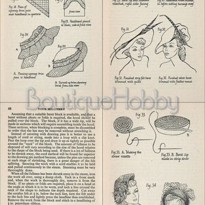 May include: Vintage millinery illustrations showing the construction of hats, including berets and headbands. Diagrams detail techniques like pinning, stitching, and shaping with steam. The images are from a vintage millinery guide.