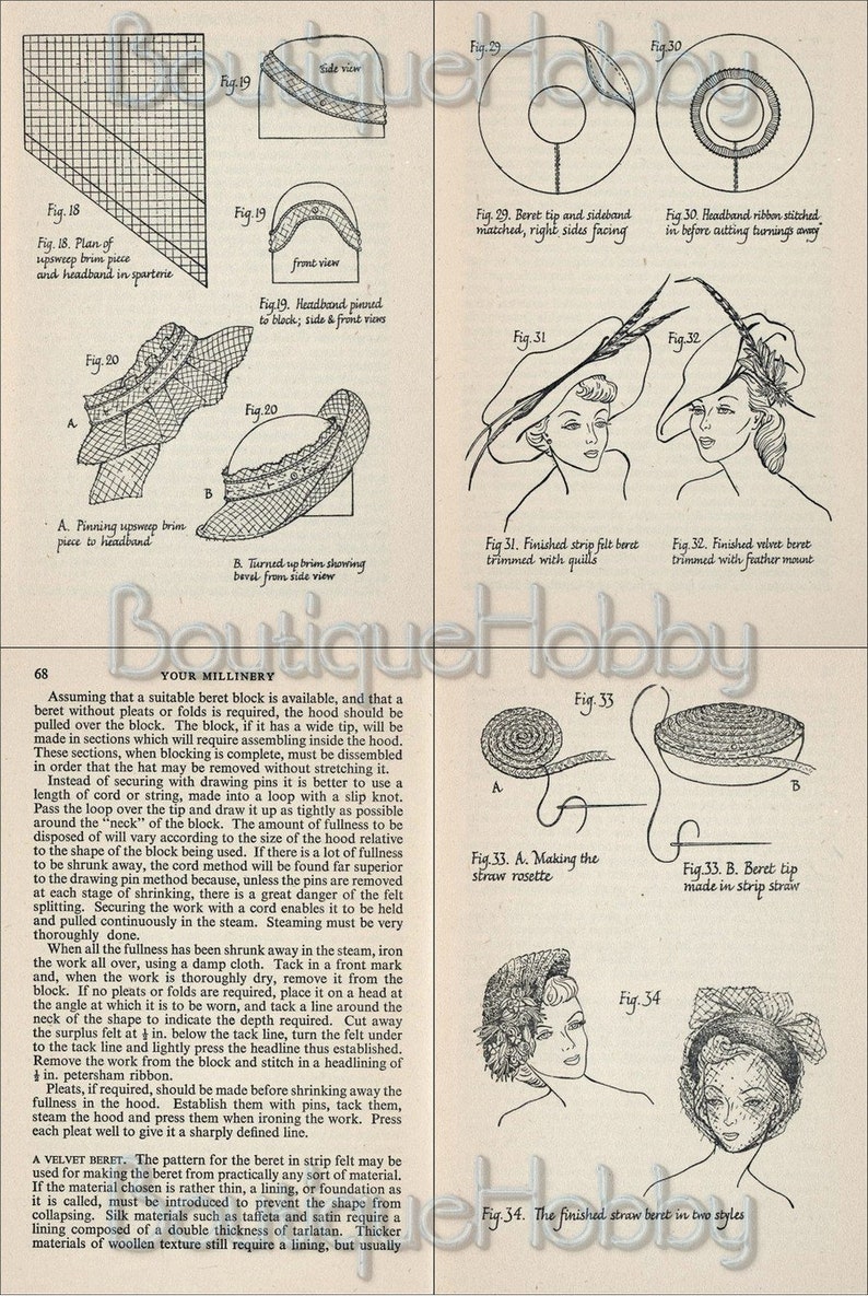 May include: Vintage millinery illustrations showing the construction of hats, including berets and headbands. Diagrams detail techniques like pinning, stitching, and shaping with steam. The images are from a vintage millinery guide.