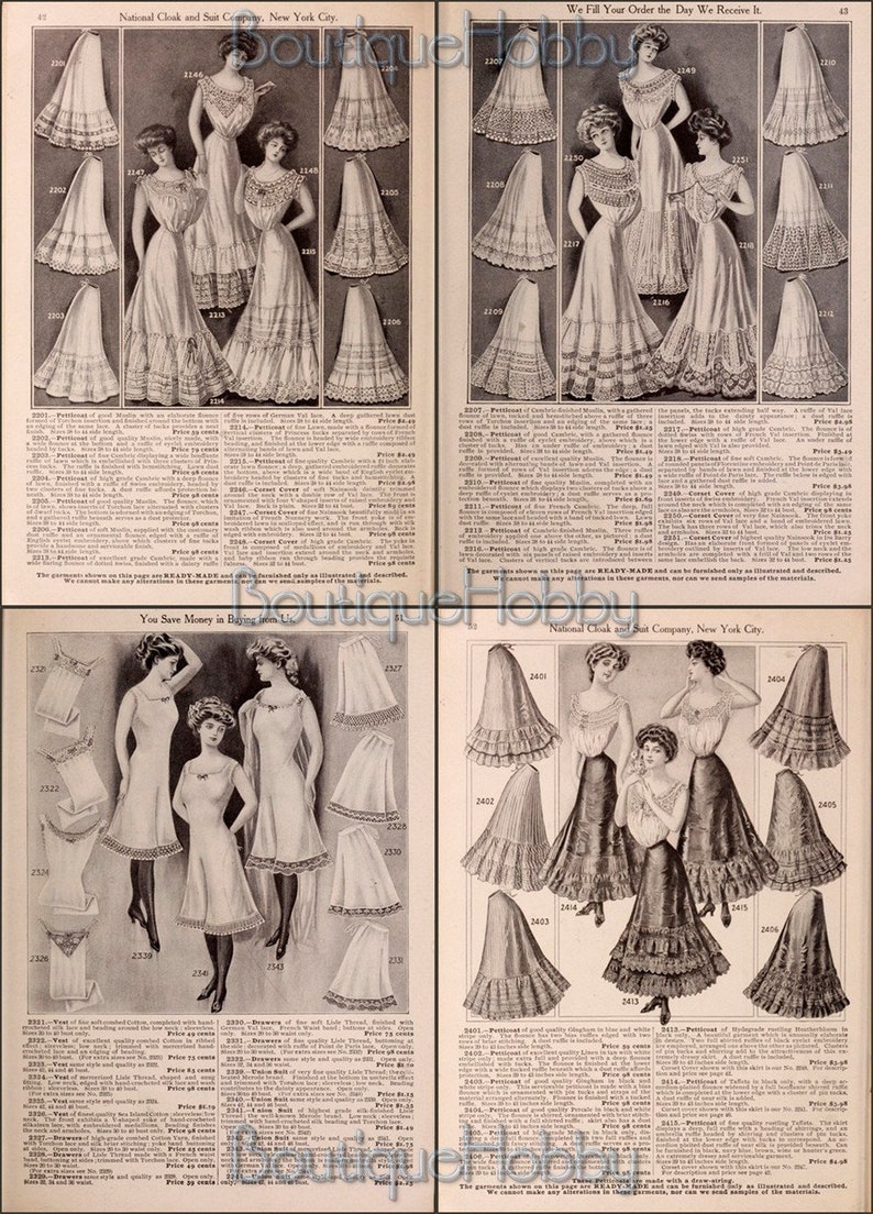 May include: A vintage advertisement for women's undergarments from the National Cloak and Suit Company. The ad features a variety of petticoats and underskirts in white and black lace, with ruffles and frills. The text reads "We Fill Your Order the Day We Receive It." and "You Save Money in Buying From Us."