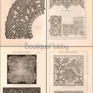Puede incluir: Una p&aacute;gina de libro vintage con ilustraciones en blanco y negro de patrones de encaje. La p&aacute;gina incluye el texto "The Art of Modern Lace-Making" y los n&uacute;meros 116, 117 y 118.