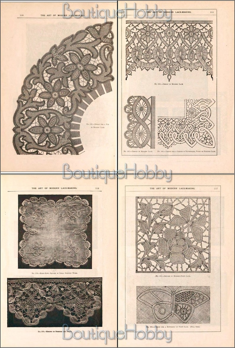 Puede incluir: Una p&aacute;gina de libro vintage con ilustraciones en blanco y negro de patrones de encaje. La p&aacute;gina incluye el texto "The Art of Modern Lace-Making" y los n&uacute;meros 116, 117 y 118.