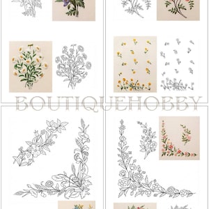 May include: A collection of embroidery patterns featuring floral designs, including tulips, daisies, roses, and various botanical corner motifs. The sheet displays both black and white line drawings and finished colourful embroidered versions.