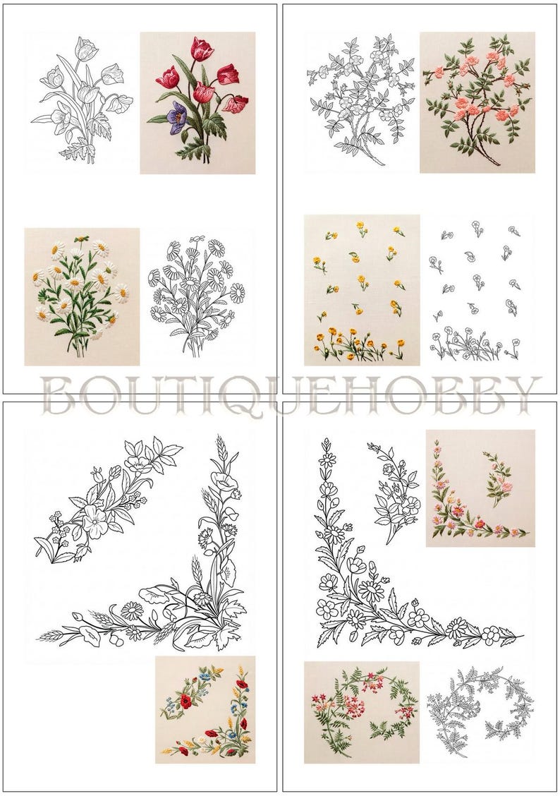 May include: A collection of embroidery patterns featuring floral designs, including tulips, daisies, roses, and various botanical corner motifs. The sheet displays both black and white line drawings and finished colourful embroidered versions.