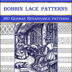 May include: A black and white illustration of two women working on bobbin lace. The image is from a book titled "Bobbin Lace Patterns: 160 German Renaissance Patterns".