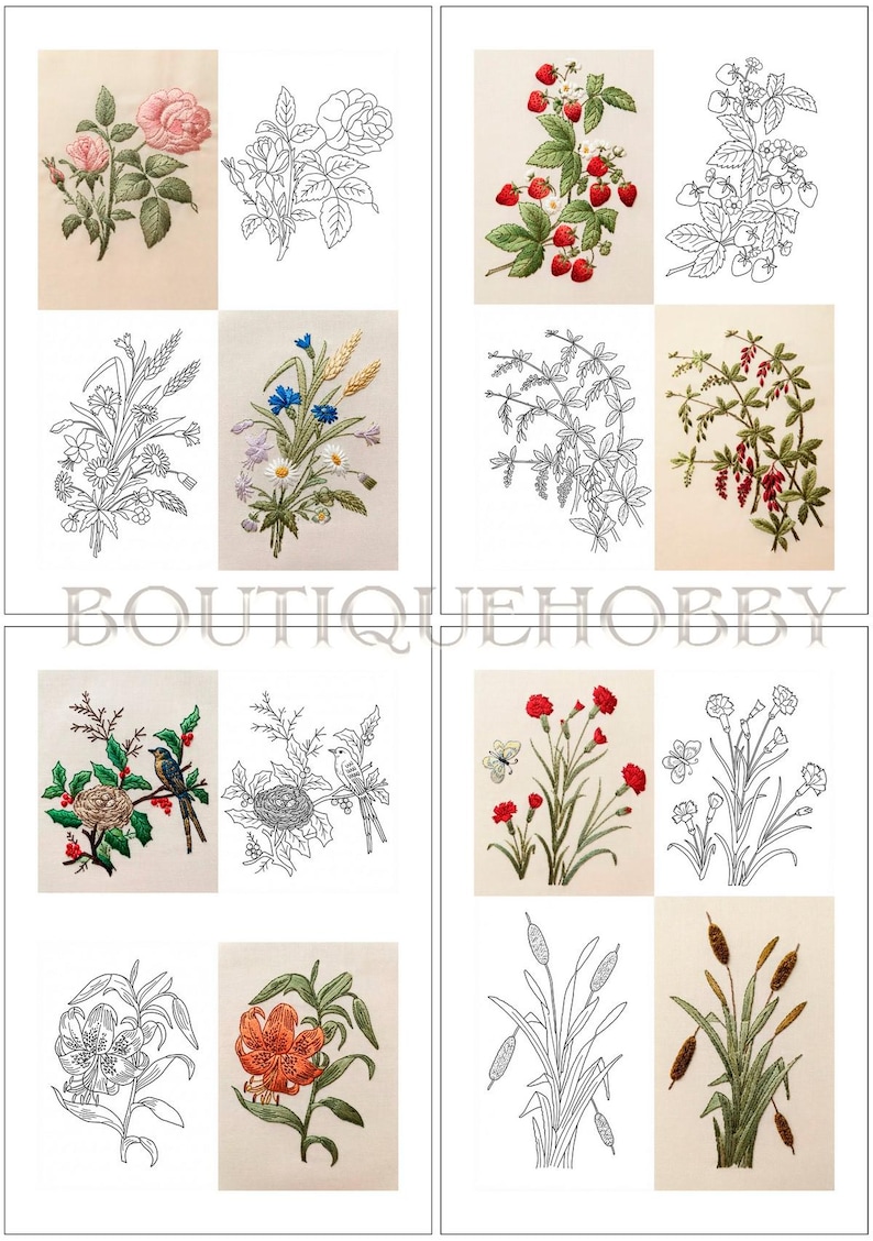 May include: A collection of embroidery patterns featuring botanical and nature themes, including roses, strawberries, wildflowers, birds in nests, carnations, lilies, and cattails. Each design is shown in both full-colour embroidery and black line art.