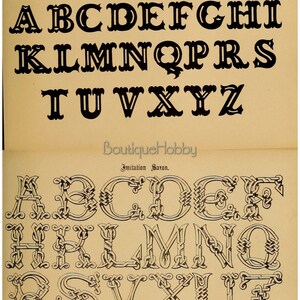 May include: A black and white image of two different alphabet fonts. The first font is called "Tuscan" and is a bold, blocky font. The second font is called "Imitation Saxon" and is a more ornate, interlaced font.