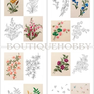 May include: A collection of embroidery patterns featuring botanical designs, including sunflowers, cornflowers, foxgloves, lotus flowers, cherry blossoms, roses, wheat, and small floral sprigs, presented as both colour-filled and line-art sketches.