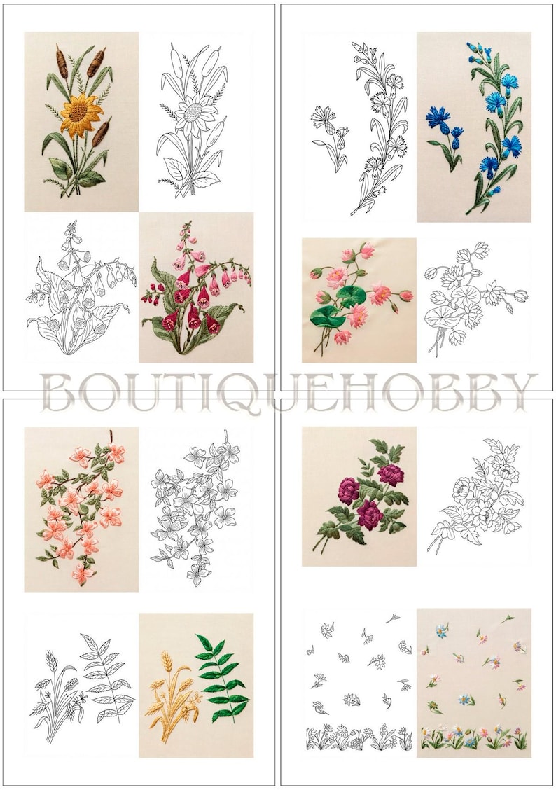 May include: A collection of embroidery patterns featuring botanical designs, including sunflowers, cornflowers, foxgloves, lotus flowers, cherry blossoms, roses, wheat, and small floral sprigs, presented as both colour-filled and line-art sketches.