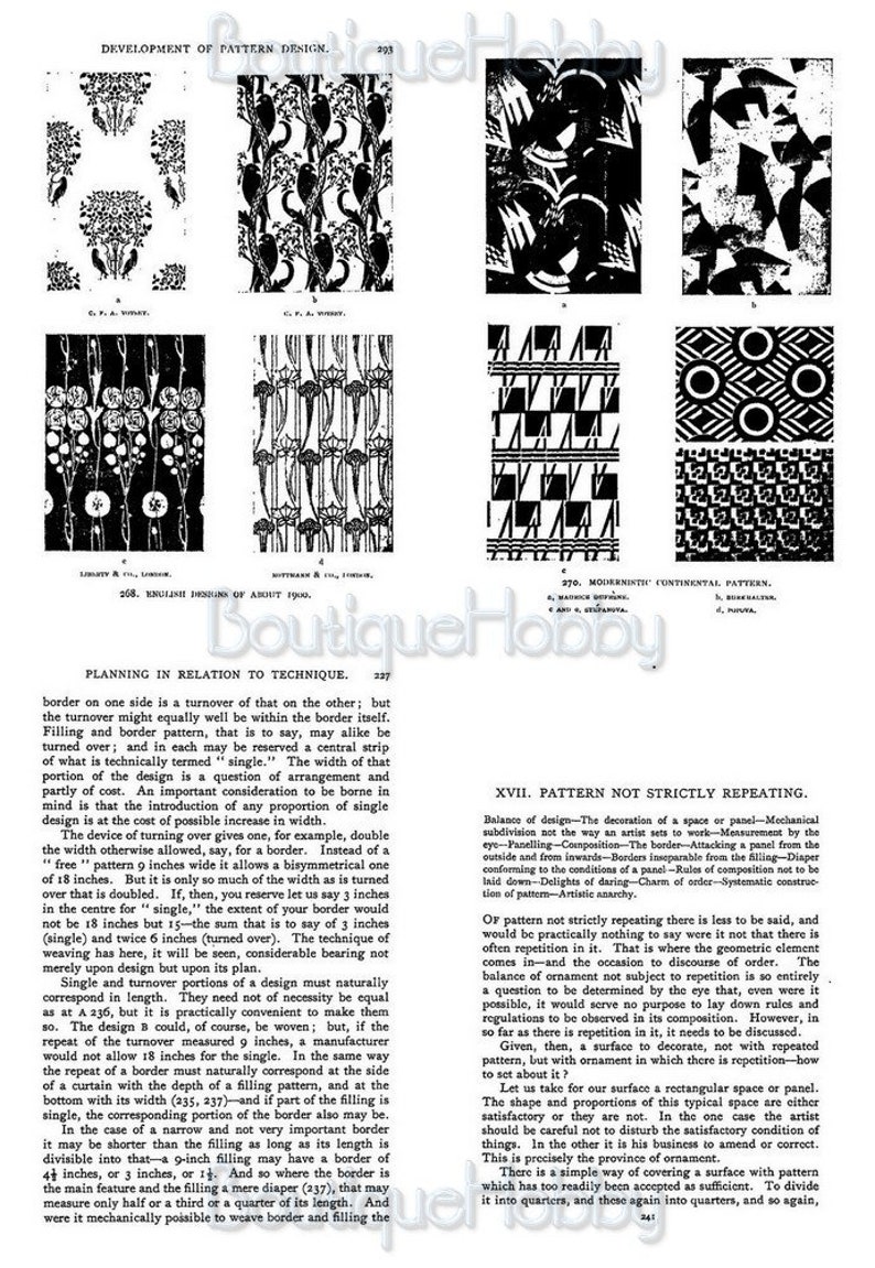 K&ouml;nnte beinhalten: Eine Schwarzwei&szlig;illustration verschiedener Musterentw&uuml;rfe. Der Text "DEVELOPMENT OF PATTERN DESIGN" befindet sich oben auf der Seite. Der Text "PLANNING IN RELATION TO TECHNIQUE" befindet sich unten auf der Seite.