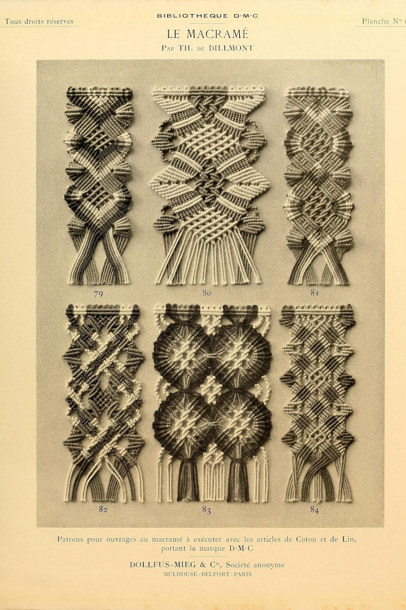 May include: A vintage macrame pattern book with illustrations of different macrame designs. The book is titled "Le Macrame" and is by Th. de Dillmont. The book is published by Dollfus-Mieg & Cie, Societe anonyme, Mulhouse-Belfort-Paris.