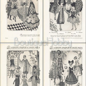 Op de afbeelding: Een vintage zwart-witte illustratie van cr&ecirc;pepapierkostuums voor een feestje of een toneelstuk. De illustratie toont verschillende vrouwen en kinderen die verkleed zijn als bloemen, waaronder een lelie, een madeliefje, een appelbloesem, een zoete erwt, een anjer, een vlinder, een roos, een fazant en een bloem. De tekst op de pagina luidt "Cr&ecirc;pepapierkostuums".