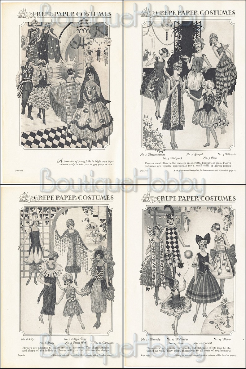 Op de afbeelding: Een vintage zwart-witte illustratie van cr&ecirc;pepapierkostuums voor een feestje of een toneelstuk. De illustratie toont verschillende vrouwen en kinderen die verkleed zijn als bloemen, waaronder een lelie, een madeliefje, een appelbloesem, een zoete erwt, een anjer, een vlinder, een roos, een fazant en een bloem. De tekst op de pagina luidt "Cr&ecirc;pepapierkostuums".