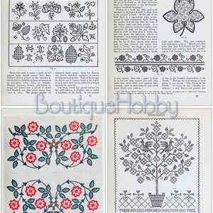K&ouml;nnte beinhalten: Ein Vintage-Stickbuch mit Schwarzwei&szlig;illustrationen von Blumen, V&ouml;geln und geometrischen Mustern. Das Buch enth&auml;lt Anleitungen zum Erstellen von Stickmustern und einen Abschnitt &uuml;ber die Geschichte der Stickerei.