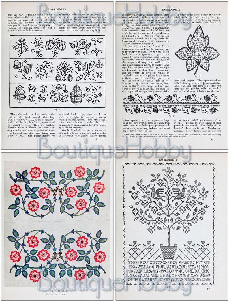 K&ouml;nnte beinhalten: Ein Vintage-Stickbuch mit Schwarzwei&szlig;illustrationen von Blumen, V&ouml;geln und geometrischen Mustern. Das Buch enth&auml;lt Anleitungen zum Erstellen von Stickmustern und einen Abschnitt &uuml;ber die Geschichte der Stickerei.