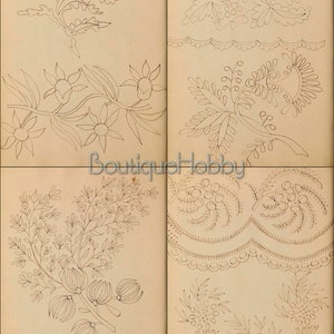 May include: Four black and white embroidery patterns on a cream colored paper background. The patterns include a floral design, a paisley design, a floral design with a large flower, and a floral design with a small flower.