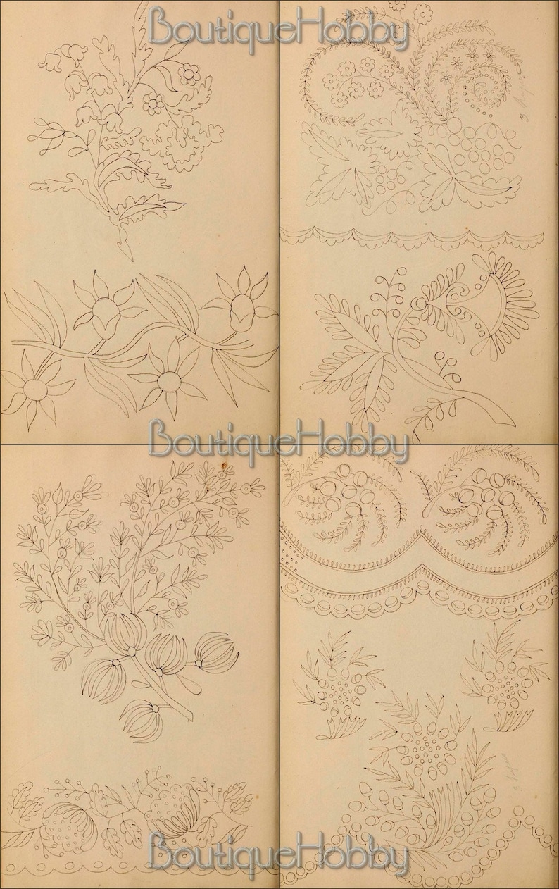 May include: Four black and white embroidery patterns on a cream colored paper background. The patterns include a floral design, a paisley design, a floral design with a large flower, and a floral design with a small flower.