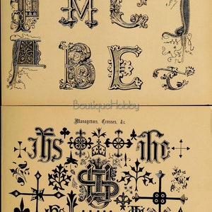 May include: A black and white image featuring a selection of decorative letters, monograms, and crosses. The letters are in a gothic style and are surrounded by intricate floral designs. The monograms are also in a gothic style and feature a variety of designs, including a crown and a fleur-de-lis. The crosses are simple and elegant.