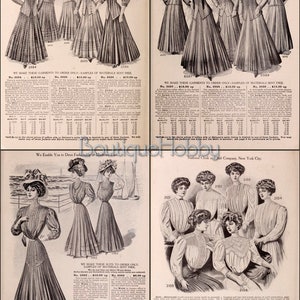 May include: A vintage catalog page featuring women's clothing from the National Cloak and Suit Company. The page showcases various styles of dresses, jackets, and suits, with detailed descriptions and sizing charts. The text includes the phrase "We Make These Garments to Order Only - Samples of Materials Sent Free."
