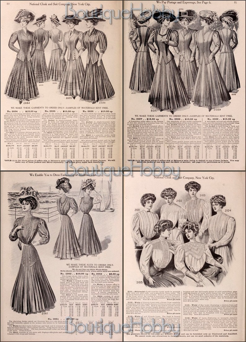 May include: A vintage catalog page featuring women's clothing from the National Cloak and Suit Company. The page showcases various styles of dresses, jackets, and suits, with detailed descriptions and sizing charts. The text includes the phrase "We Make These Garments to Order Only - Samples of Materials Sent Free."
