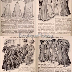 May include: A vintage catalog page featuring women's clothing from the early 1900s. The page showcases various styles of skirts, dresses, and suits, with detailed descriptions and prices. The text includes "Your Money Refunded if We Fail to Please You."