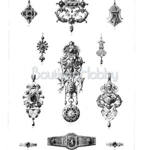 Op de afbeelding: Een zwart-witte illustratie van verschillende antieke sieraden, waaronder hangers, broches en een gesp. De afbeelding is afkomstig uit een vintage publicatie getiteld "La Perle" en "Die Perle" uit 1880.