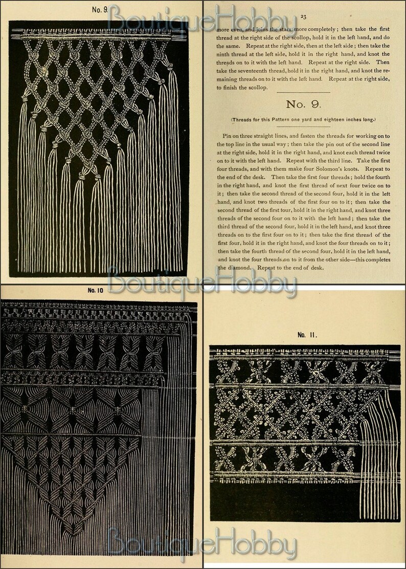May include: A black and white illustration of a macrame pattern with instructions for creating the pattern. The pattern is called "No. 9" and the instructions include the length of the string needed and how to create the knots.