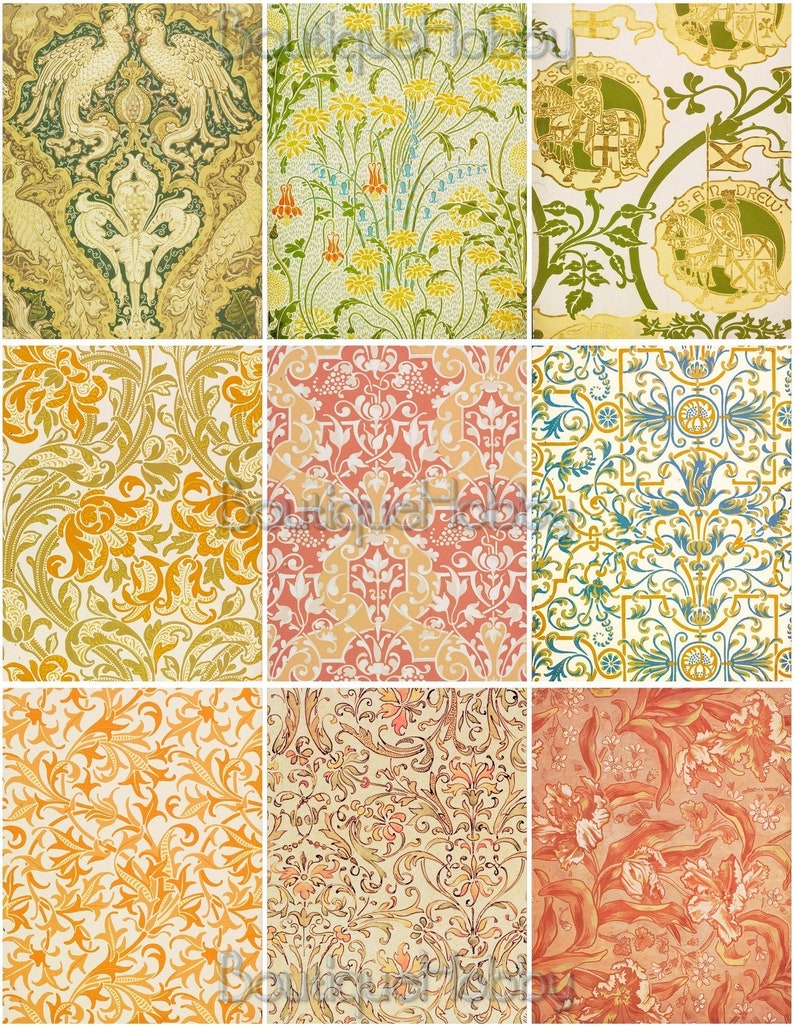 Peut inclure: Un collage de neuf motifs de papier peint vintage pr&eacute;sentant des motifs floraux, g&eacute;om&eacute;triques et abstraits dans diff&eacute;rentes nuances de jaune, vert, bleu, rouge et orange.